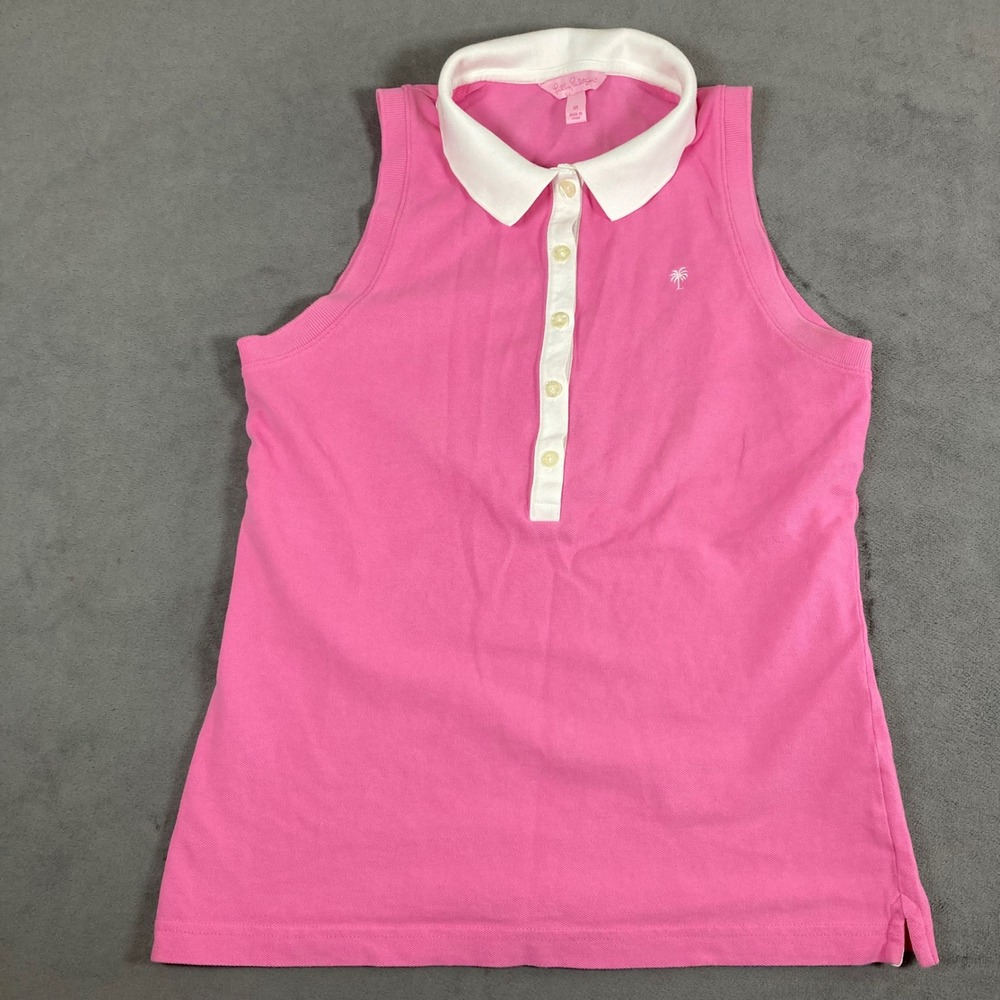 Lilly Pulitzer Womens Pink Sleeveless Polo Shirt Palm Tree Pima Cotton Size M